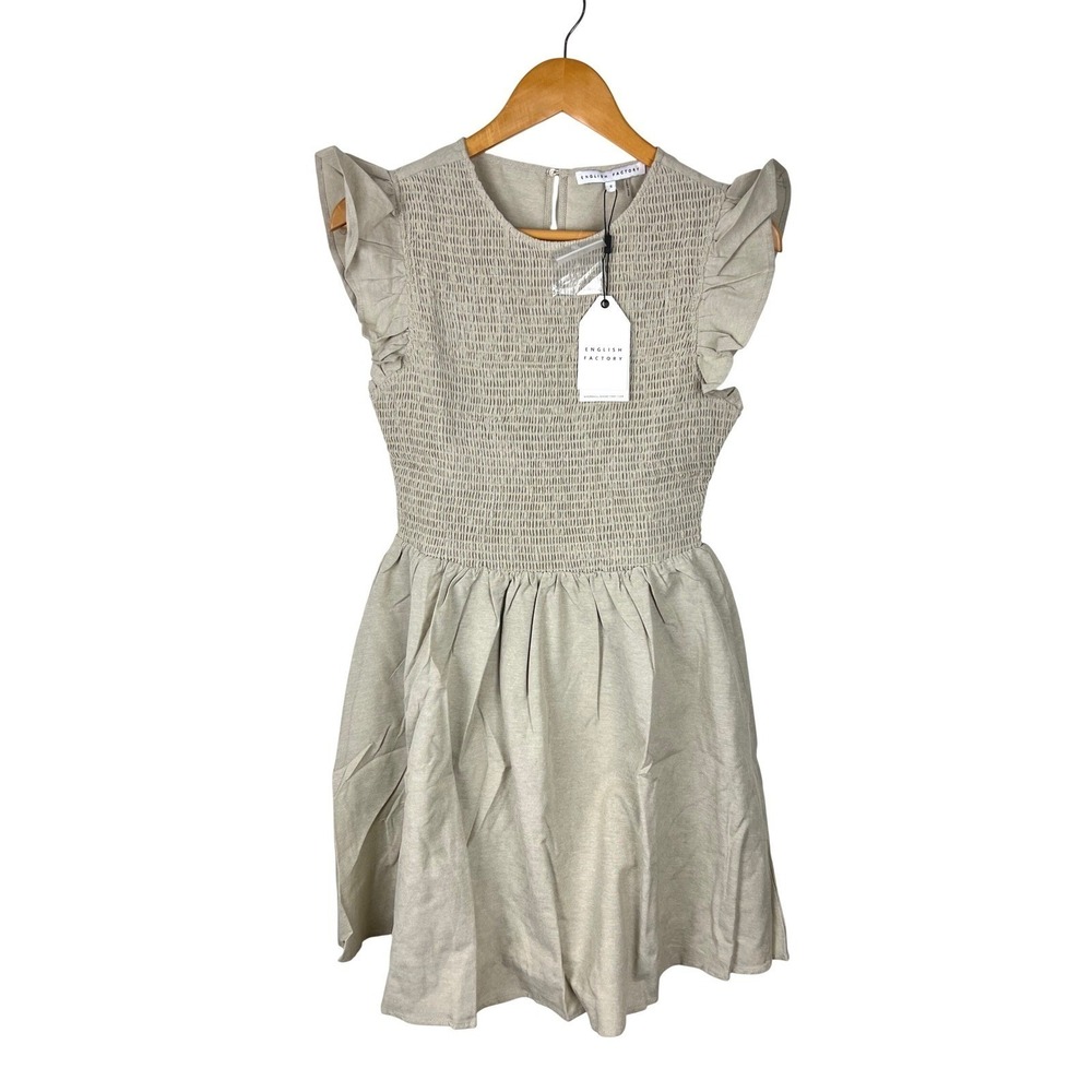 NWT English Factory Smocked Ruffle Sleeve Mini Dress Beige Small NWT BC225D - Picture 2 of 16